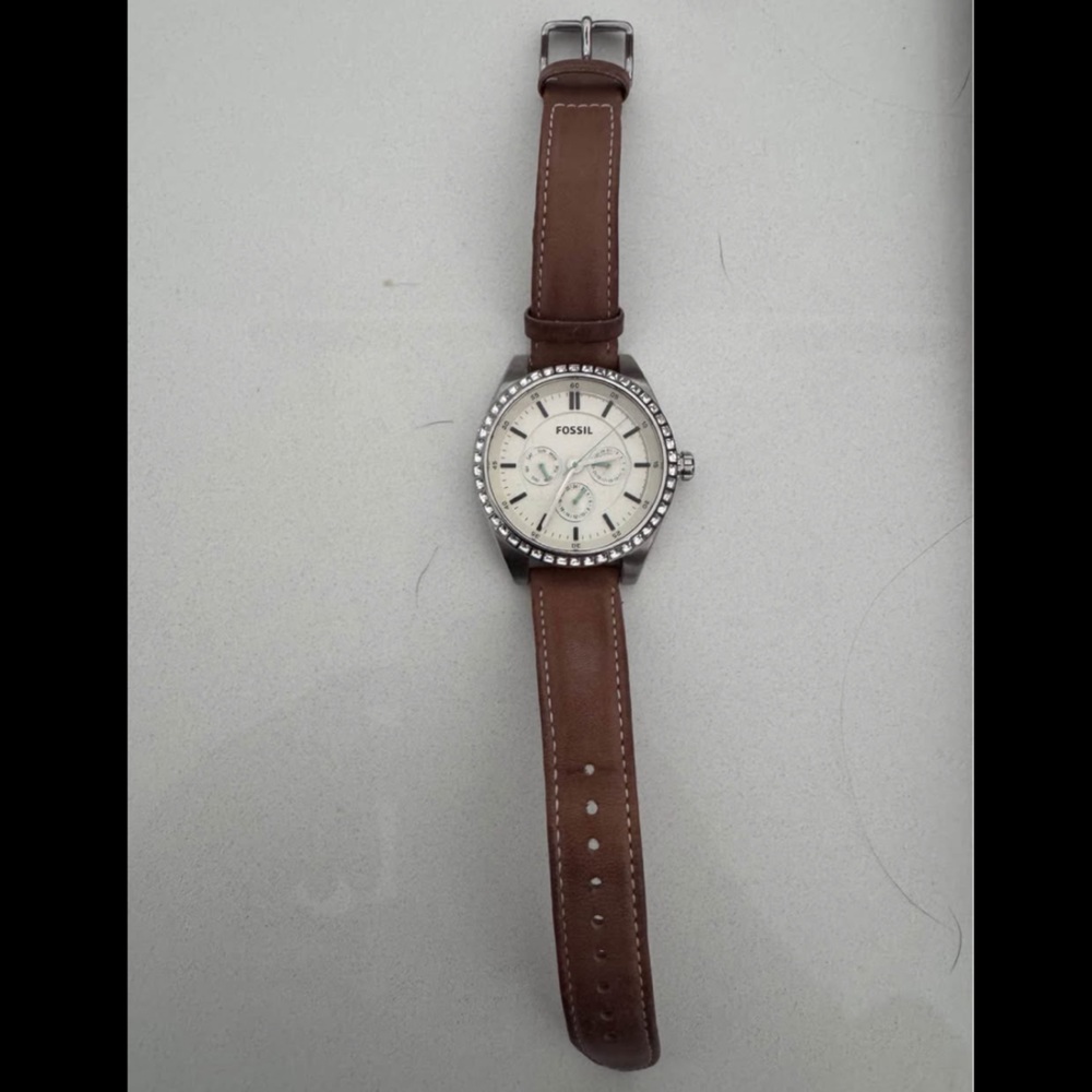 Fossil Silver Case Watch with Brown Leather Strap
